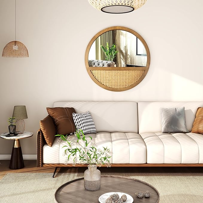 Rattan Round Mirror, 24 Inch Wall Mirror for Living Room Decor, Wooden Framed, Vintage Hanging Mirror, Hand-Woven for Wall Art Decoration