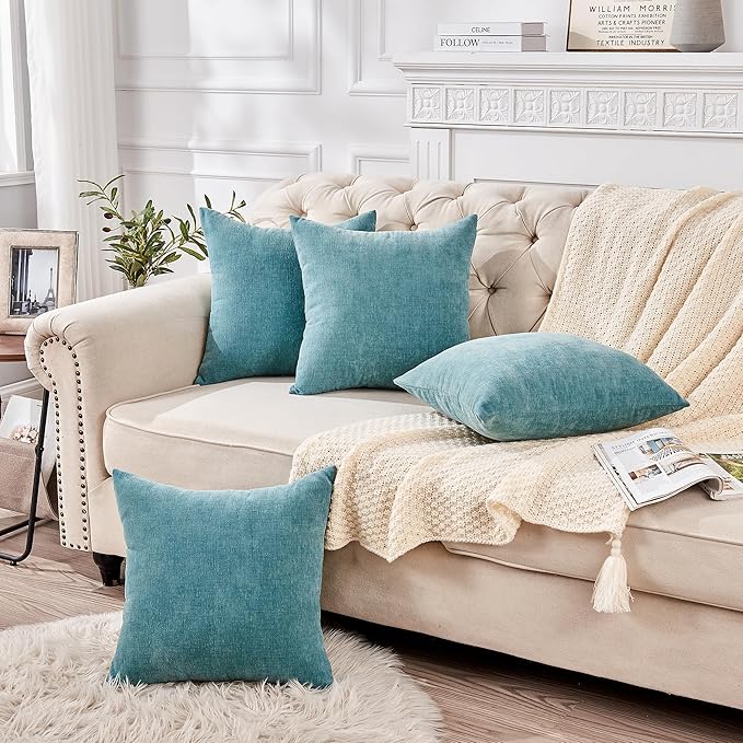 GAWAMAY Decorative Square Throw Pillow Covers 18"x18" Inch Set of 4, Super Soft Chenille Pillows Farmhouse Fall Pillowcase for Living Room Bedroom Sofa Couch Cushion Cover Smoke Blue 45x45cm