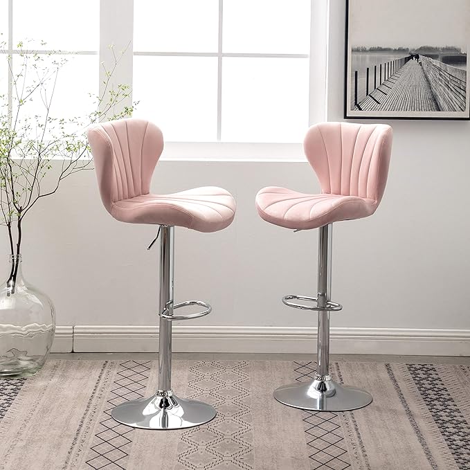 Roundhill Furniture Ellston Velvet Adjustable Swivel Barstools in Pink, Set of 2