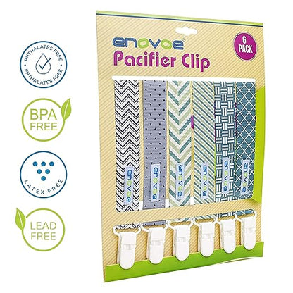 Pacifier Clip by Enovoe - 6 Pack of Pacifier Clips - Stylish Teething Ring Pacifier Holder Clip for Baby Boys and Girls - Multicolor - binkie Clip Baby Pacifier