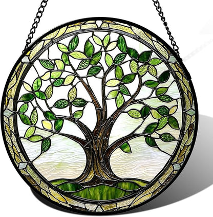 Stained Glass Window Hanging - Brown Tree Trunk Green Leaves Sun Catcher for Door Garden Home Decor Plant Suncatcher Christmas Mother's Day Birthday Gifts for Women Men Mom Nana 6.3 in