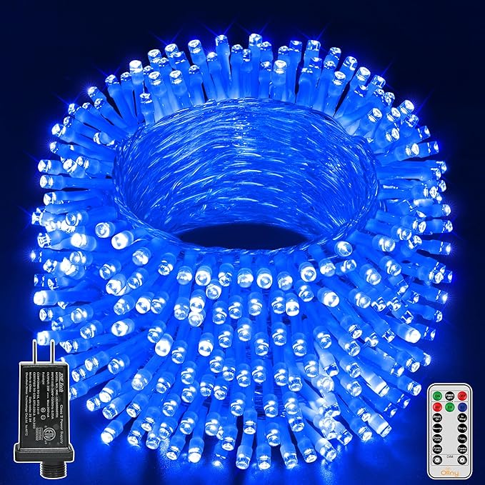 Ollny Blue Christmas Lights Waterproof, 400LED 131FT String Lights with Remote 3 Timer, Plug in 8 Modes Fairy Light for House Xmas Tree Bedroom Indoor Outside Decorations