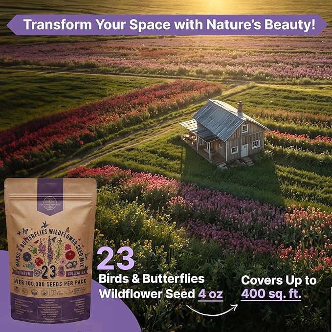 Organo Republic 23 Wildflower Seeds Annual & Perennial Mix for Indoor & Outdoors, Attract Birds & Butterflies 100,000+ Non-GMO, Heirloom Garden Seeds, 4oz Packet for Growing Wild Flowers