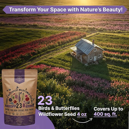 Organo Republic 23 Wildflower Seeds Annual & Perennial Mix for Indoor & Outdoors, Attract Birds & Butterflies 100,000+ Non-GMO, Heirloom Garden Seeds, 4oz Packet for Growing Wild Flowers