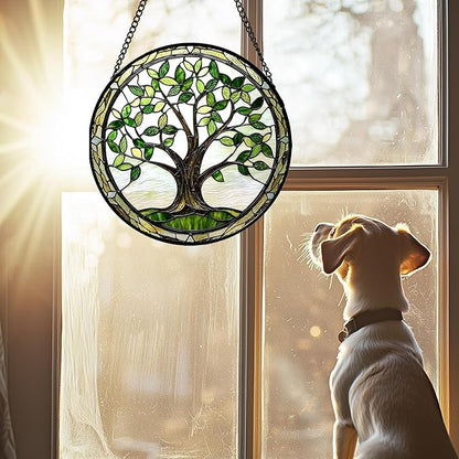 Stained Glass Window Hanging - Brown Tree Trunk Green Leaves Sun Catcher for Door Garden Home Decor Plant Suncatcher Christmas Mother's Day Birthday Gifts for Women Men Mom Nana 15 in