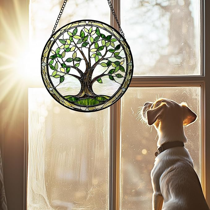Stained Glass Window Hanging - Brown Tree Trunk Green Leaves Sun Catcher for Door Garden Home Decor Plant Suncatcher Christmas Mother's Day Birthday Gifts for Women Men Mom Nana 11.8 in