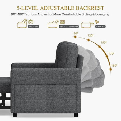DWVO 55" Convertible Sofa Bed, 3-in-1 Sleeper Sofa with Pull-Out Bed, Linen Futon Couch with Adjustable Backrest and Side Pocket, Modern Loveseat for Living Room Apartment, Grey