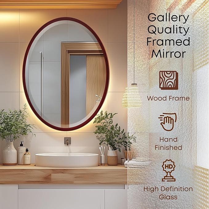OVALCREST - Oval Wooden Beveled Wall Mirror for Home Decor, Bathroom, Vanity, Bedroom, Living Room, Hallway - London Style (Black Cherry) 25.1 x 37.1