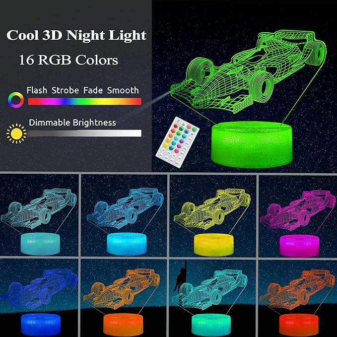 F1 Car Gifts for Boy, Formula One Night Light with Remote Control, 16 Colors Changing, RGB Flashing Mode and Dimmable, Sport Race Car Gifts for Boys Christmas Decor