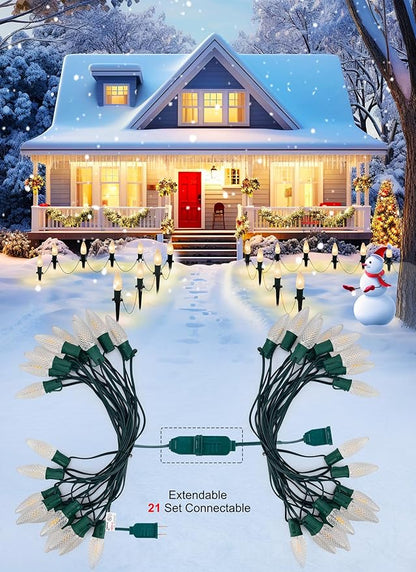 C9 Christmas Pathway Lights Outdoor, 25.7 Feet 20 LED C9 Strawberry Walkway Lights with Marker Stakes, Connectable Shatterproof C9 String Lights for Lane Outside Yard Decorations, Warm White, 2 Pack