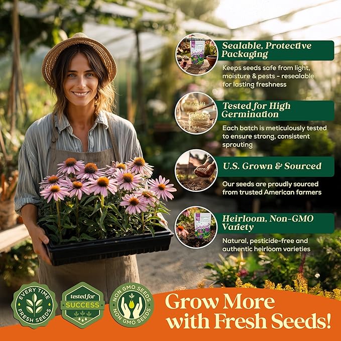 Echinacea Seed Pack 1 oz - 9,300 Non-GMO Heirloom Echinacea Seeds for Planting, Perennial Flowers in Waterproof Seed Packet, Coneflower Seeds for Planting Garden Indoor & Outdoor Gardening