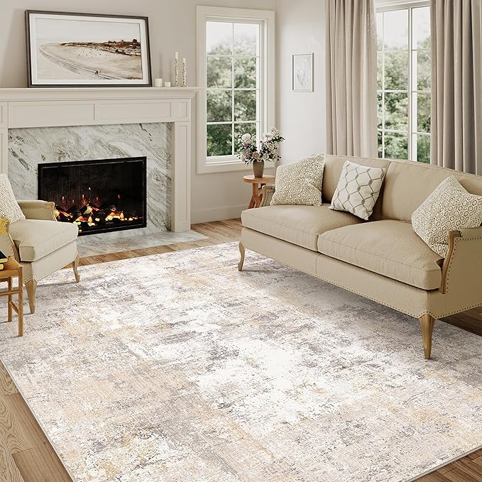 5x7 Washable Area Rug Beige Grey Neutral Abstract Living Room Bedroom Throw Rug Non Slip Soft Low Pile Indoor Floor Carpet for Dining Room Kitchen Office Entryway Home