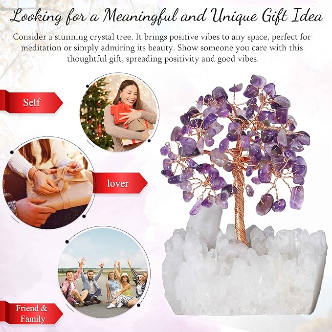 Amethyst Crystal Tree of Life with White Aura Base – Gemstone Tree for Shelf & Home Bedroom Decor – Crystals and Healing Stones, Cute Purple Birthday Gifts & Housewarming Gifts for Women Mom Sister
