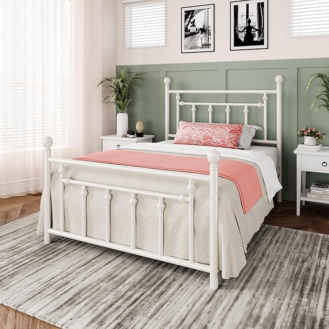 Allewie 14 Inch Twin Size Metal Platform Bed Frame with Victorian Vintage Headboard and Footboard/Mattress Foundation/Under Bed Storage/No Box Spring Needed/Easy Assembly/Noise Free/White