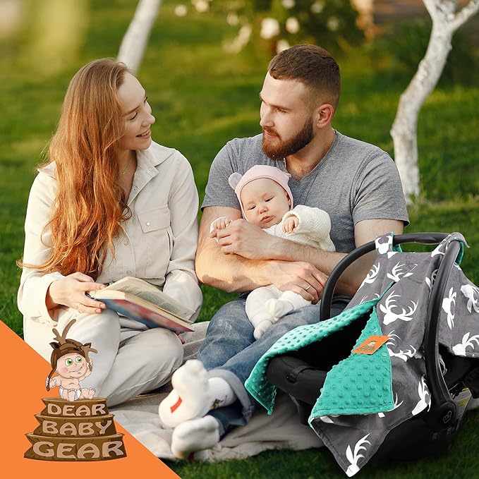 Dear Baby Gear - 40x30 Car Seat Canopy, Infant Carrier Cover for Boys & Girls, Cozy Fall Baby Gift, Nursing & Stroller Use, Newborn Travel Sunshade Accessory, Antlers on Gray, Mint Dot