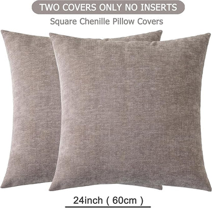 GAWAMAY Decorative Chenille Throw Pillow Covers 24x24 Inch Pack of 2, Soft Square Couch Pillow Cover for Sofa Cushion Living Room Bedroom Pillowcases Taupe Grey 60x60cm (ONLY Covers)