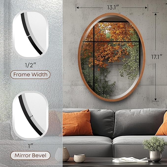 OVALCREST - Oval Wooden Beveled Wall Mirror for Home Decor, Bathroom, Vanity, Bedroom, Living Room, Hallway - London Style (Sunset Gold) 13.1 x 17.1