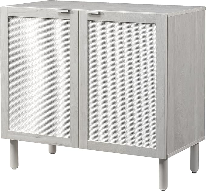 Sango Orre 2-Door Cabinet, Modern White Storage Cabinet with Synthetic Rattan Door Panels, Adjustable Shelf, Cylindrical Wood Legs, Discreet Finger Pulls, Elegant Furniture for Office or Living Room