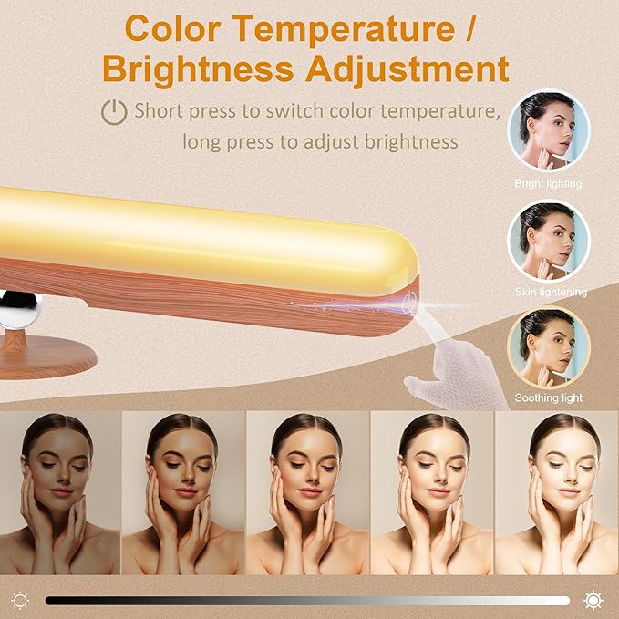 Benreom Vanity Light for Mirror with 4000mAh Rechargeable Battery, Touch Control Dimmable Makeup Light with 3 Color Modes, Magnetic 360° Adjustable LED Bathroom Mirror Light, Light Wood