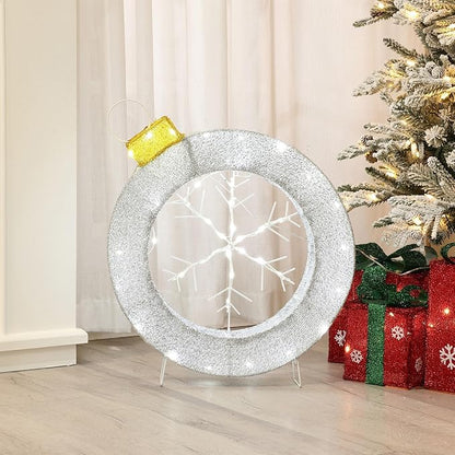 LuxenHome 2Ft Lighted Christmas Wreath, Christmas Outdoor Decorations, Large Wreath with LED Lights, Snowflake Ornament Wreath for Indoor, Lawn, Yard, Garden, Holiday Decor