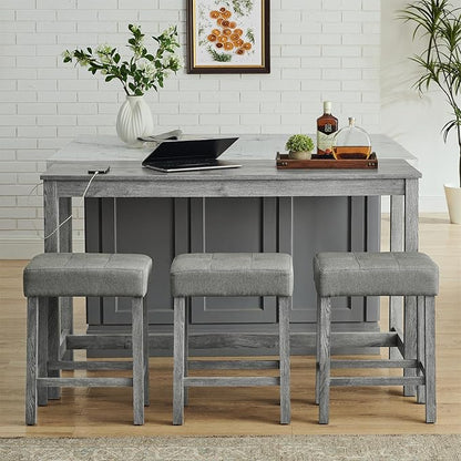 KEIKI 4-Piece Bar Table Set with Charging Station - 59" Industrial Kitchen Table & 3 Upholstered Stools, USB/Type-C/AC Outlets, Solid Wood Frame - for Dining Room, Apartment, Living Room (Grey)