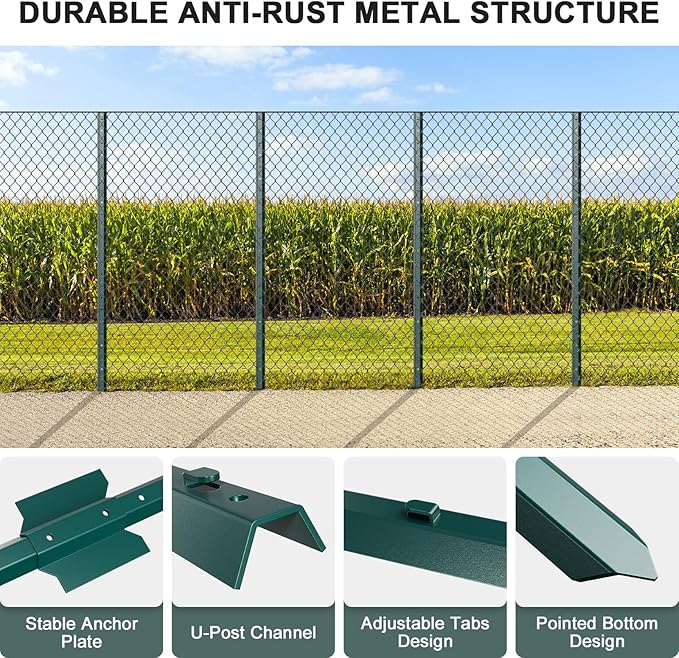 10 Pack Metal Fence Post, 6 Feet Heavy Duty Garden with U-Post, No Dig Garden Fence Stakes for Temporary Fencing, Corner Anchor