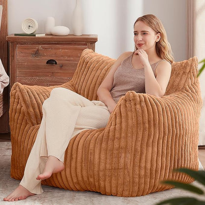 Giant Bean Bag Chairs for Adults Teens, Large Bean Bag Sofa Chairs with Filling Comfy Fuzzy BeanBag Chair with Armrests for Bedroom Living Room Reading (Brown, Large)