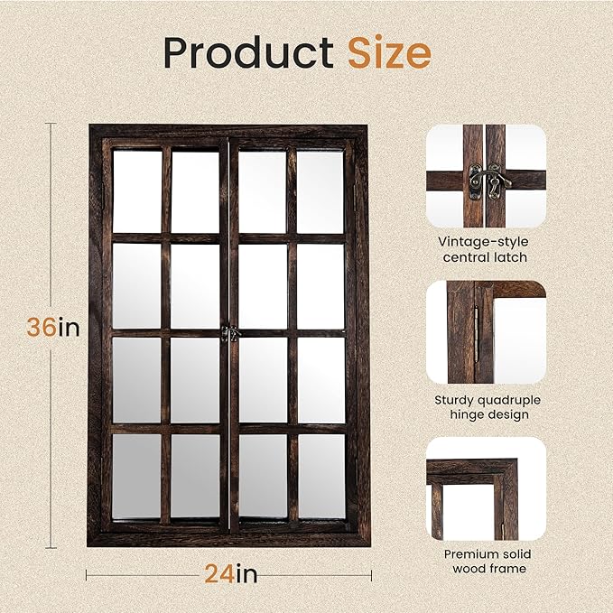 Wall Mirror with Window Design, 36"x24" Rustic Farmhouse Wood Mirror for Wall Decor, Decorative Vintage Mirror for Living Room, Bedroom, Entryway