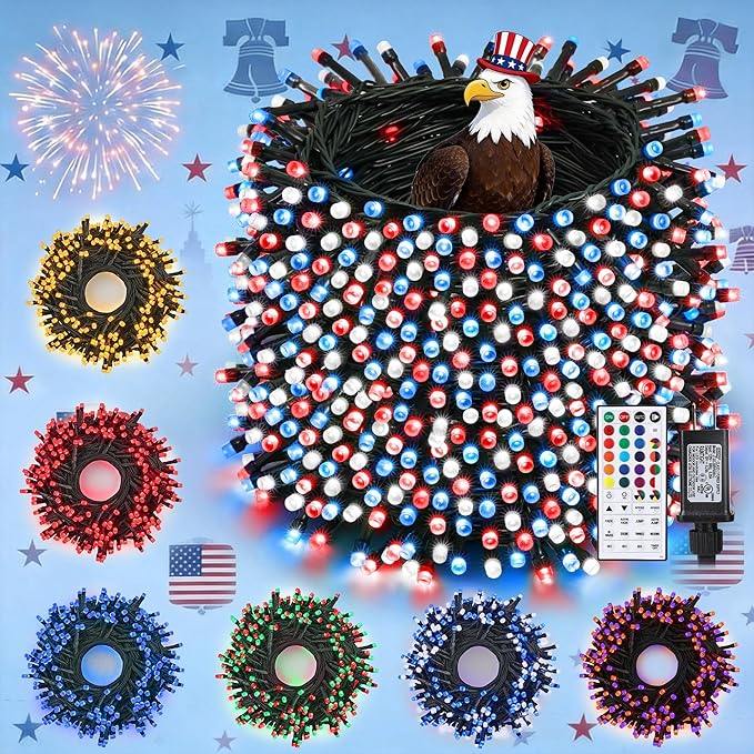 iShabao RGB Color Changing String Lights, 115ft 300 LED Red Wihte Blue Light with Remote Timer, Wateproof Plug in,July 4th Patriotic Lights for Wreath Home Party Yard Garden Tree Decor