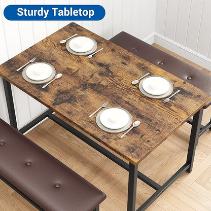 Garvee Dining Table with 2 Benches, Kitchen Table with 2 Upholstered Benches Rectangular Space Saving for Apartment, Dining Room, Kitchen, 44.5 Inches Large, Rustic Brown