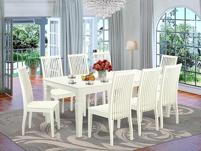 East West Furniture LGIP9-LWH-W 9 Piece Dining Table Set Includes a Rectangle Dining Room Table with Butterfly Leaf and 8 Wooden Seat Chairs, 42x84 Inch, Linen White