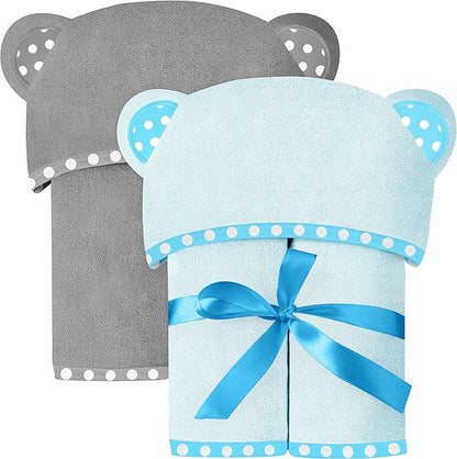 Set of 2 Hooded Baby Towels – Blue and Grey – Luxurious, Large and Super Absorbent – 35 x 35 Inch – Soft and Suitable for Infants, Toddlers and Kids – 400 GSM