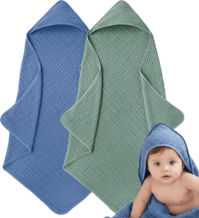 Muslin Hooded Baby Towels for Newborns, 32"x32", 100% Cotton – 6 Layers Super Soft Absorbent Breathable, Baby Bath Towel, Toddler Bath Towel – Pack of 2