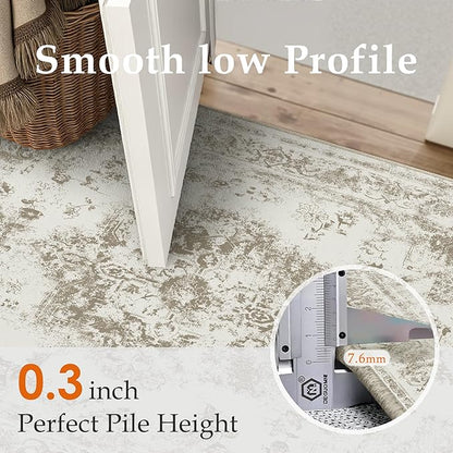 5x7 Washable Area Rug Brown Neutral Carpet for Living Room Bedroom Distressed Vintage Low Pile Soft Non-Slip Lightweight Vacuumable Throw Rug for Dining Room Office Kitchen Dorm