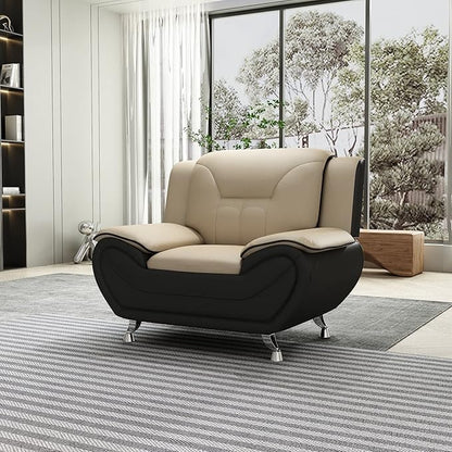 Container Furniture Direct Michael Modern Faux Leather Upholstered Stainless Steel Legs Living Room Sofa, Chair, Camel/Black