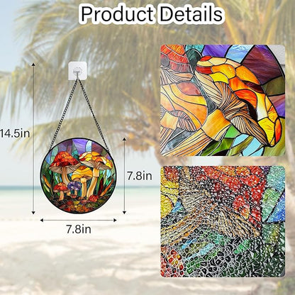 Stained Glass Window Hanging, Jungle Mushrooms Sun Catchers Diamond Glass Panel Hangings Plant Suncatcher Decor for Birthday for Women, Men, Wife, Aunt, and Mom 7.8 in