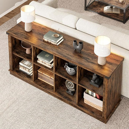 GarveeHome 8 Cube Storage Organizer Bookshelf, 3 Tier Farmhouse Horizontal Bookcase, 62 Inch Wood Storage Bookcase for Entryway, Long Low Bookshelves for Living Room-Retro Brown