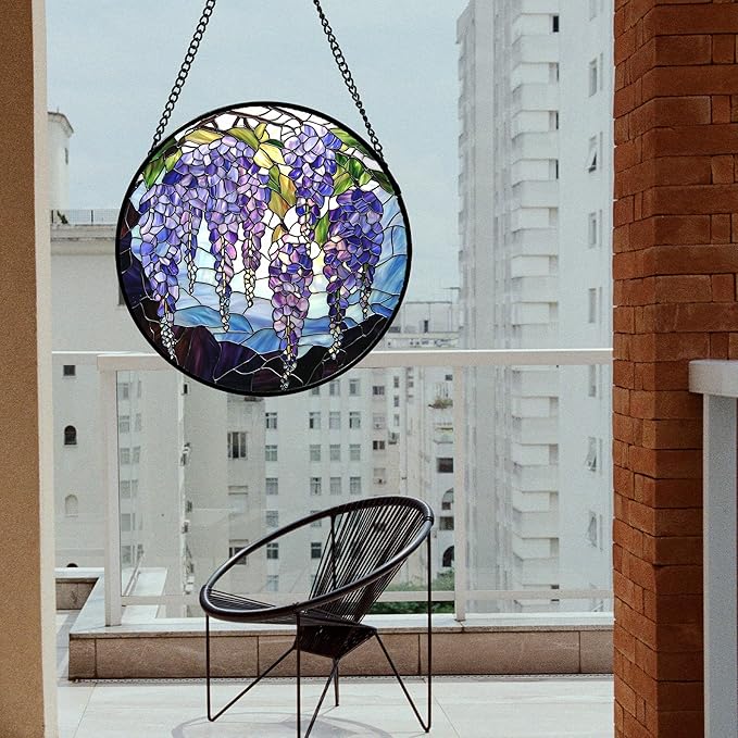 Stained Glass Window Hanging, Purple Wisteria Flowers Suncatcher for Doors Window Home Plant Sun Catchers Decoration Mother's Day Birthday Gifts for Women, Men, and Mom 7.8x7.8 in