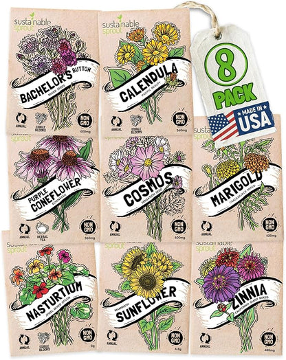 Seeds for Planting Flowers: 8 Bulk Variety Packets Zinnia, Nasturtium, Marigold, Purple Coneflower, Cosmos, Calendula, Bachelor's Button & Sunflower Seeds, Non GMO Flower Seed by Sustainable Sprout