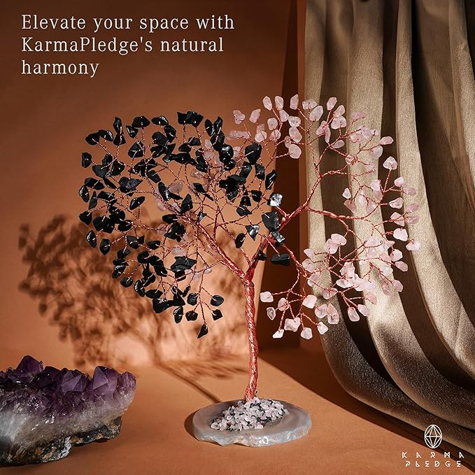 Crystal Tree for Home and Office Decoration, Black Obsidian & Rose Quartz Healing Stones Handmade Tree of Life for Positive Energy, Money, Good Luck, Christmas Decor, Birthday Gifts for Women, Mom