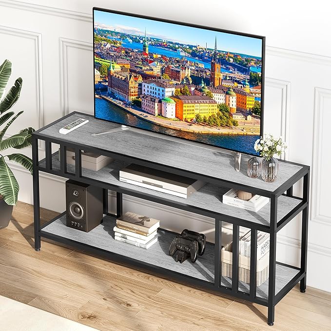 Garvee 58" TV Stand for Television up to 65 Inch, Entertainment Center with 3-Tier Open Shelves, TV Media Console Table Quadruple-Tube Support for Living Room, Entryway, Grey