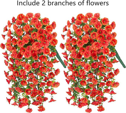 Artificial Faux Fall Hanging Flowers Plants for Outdoor Decor,2 PCS Fake Silk Morning Glory with Eucalyptus UV Resistant Realistic Mums for Wall Home Porch Patio Balcony Yard Indoor Decor, Orange