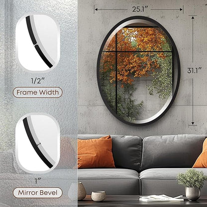 OVALCREST - Oval Wooden Beveled Wall Mirror for Home Decor, Bathroom, Vanity, Bedroom, Living Room, Hallway - London Style (Matte Black) 25.1 x 31.1
