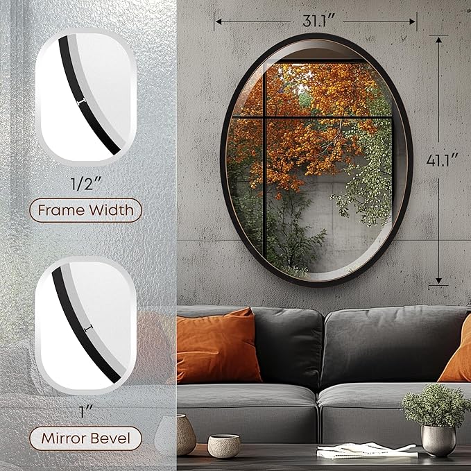 OVALCREST - Oval Wooden Beveled Wall Mirror for Home Decor, Bathroom, Vanity, Bedroom, Living Room, Hallway - London Style (Rubbed Black) 31.1 x 41.1