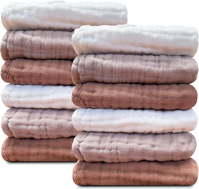 Sunny zzzZZ Baby Muslin Washcloths -100% Cotton Muslin Soft Absorbent Large Baby Bath Wash Cloths for Newborns Kids Girls and Boys -12 Pack, 12x12 Inches - White+Light Bean Paste Series