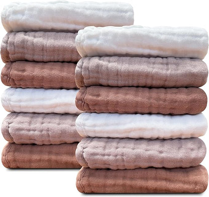Sunny zzzZZ Baby Muslin Washcloths -100% Cotton Muslin Soft Absorbent Large Baby Bath Wash Cloths for Newborns Kids Girls and Boys -12 Pack, 12x12 Inches - White+Light Bean Paste Series