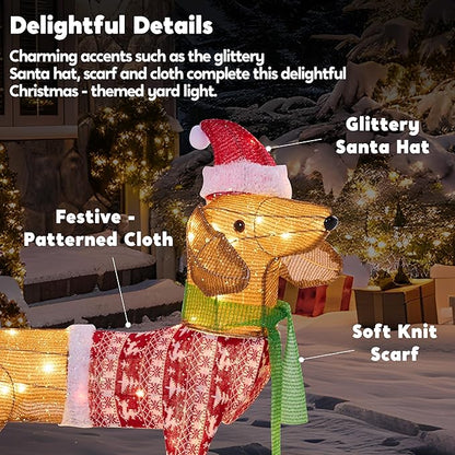 JOYIN Lighted Wiener Dog Christmas Decorations Outdoor, 40 LEDs Warm White Tinsel Dachshund Lights for Christmas Yard Decor, Light Up Xmas Lawn Ornaments with Metal Stakes for Outside Porch Garden