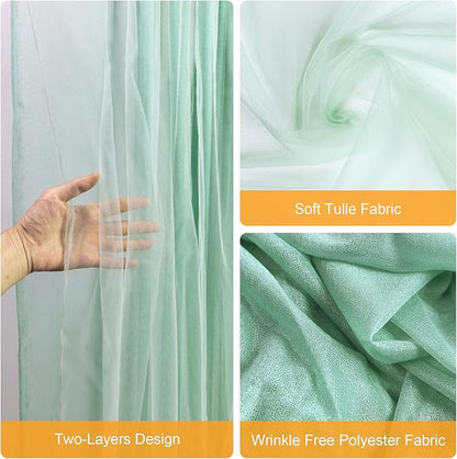 Fomcet Tulle Curtains with Lights String Green 10FT X 10FT Sheer Backdrop Curtains for Parties Wedding Baby Shower Photo Shoot Decorations (2 Panels 5x10FT)