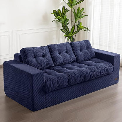 MAXYOYO 3 Seater Couch for Living Room, Boneless Couch with Tufted Cushion & Backrest, Upholstered Floor Sofa with Armrests, Sofa in A Box, No Assembly Required, Navy