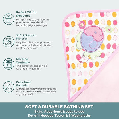 Spasilk Baby Bath Hooded Terry Towel with 3 Washcloths, Baby Bath Essentials, One Size, Pink Fish